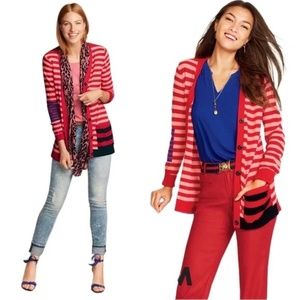 Cabi Pink & Red Stripe Button Front Long Sleeve Cardigan Sweater Women's Medium